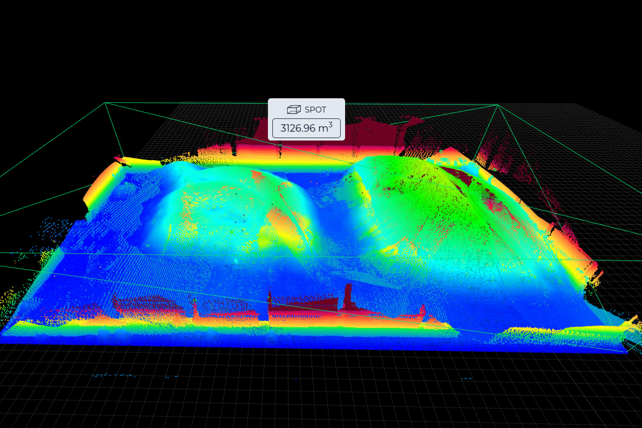 Irregular stockpile represented as a 3D point cloud so material geometry can be measured over time