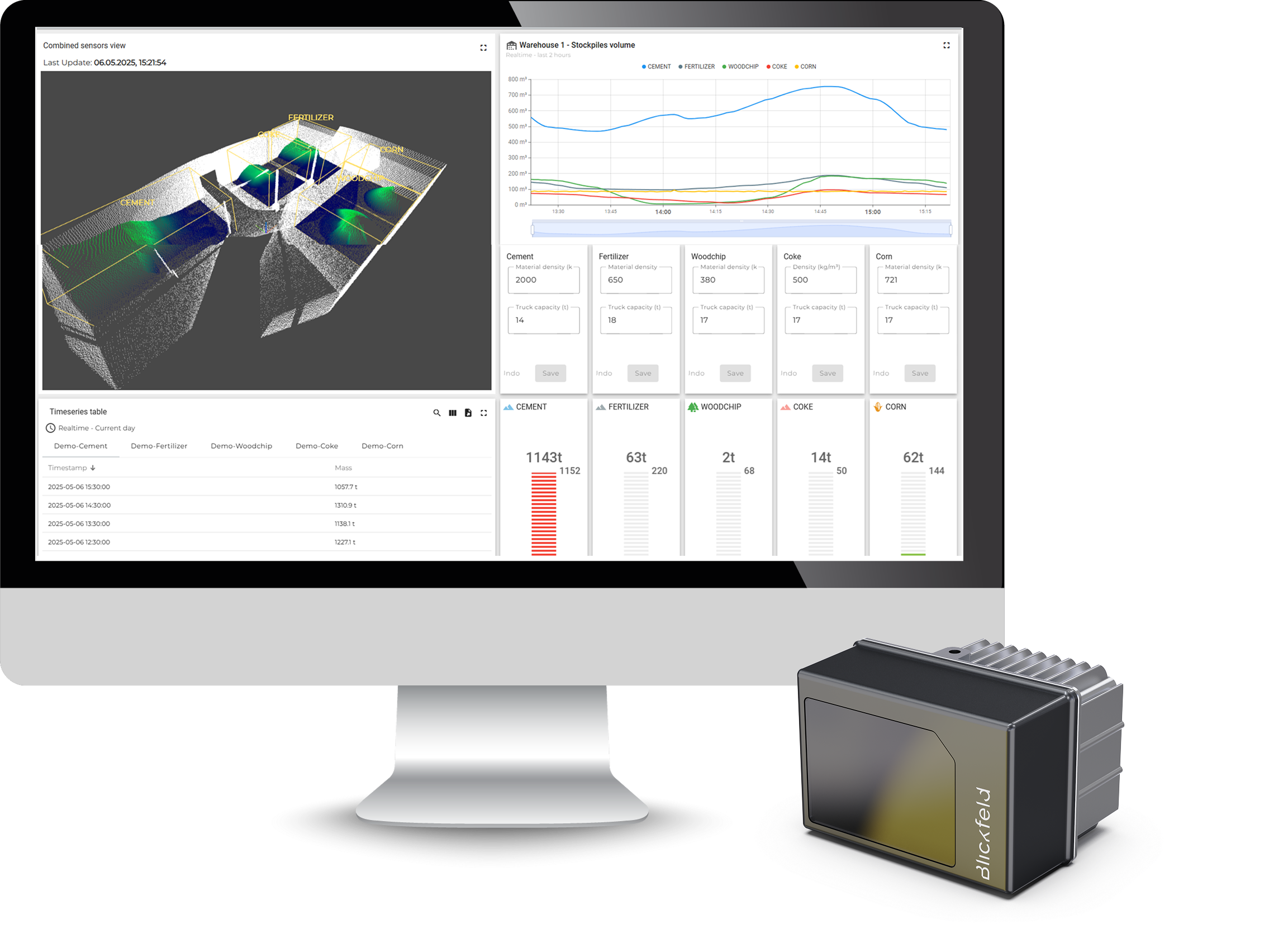QbVolume dashboard and sensor view showing current volume, fill-level state, alarm status, and material measurement output