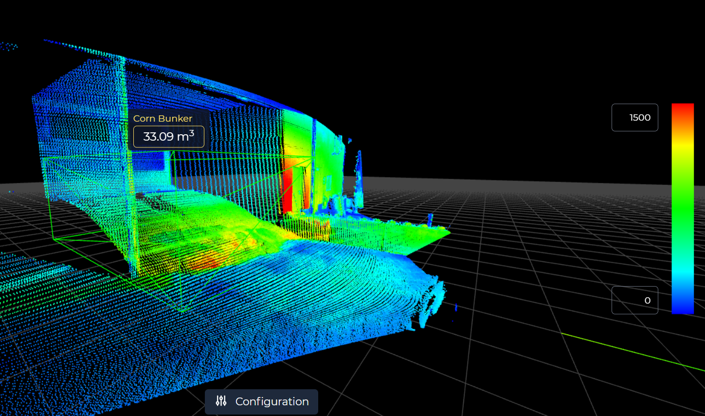 Point cloud view showing how material surfaces become volumetric measurement zones and records