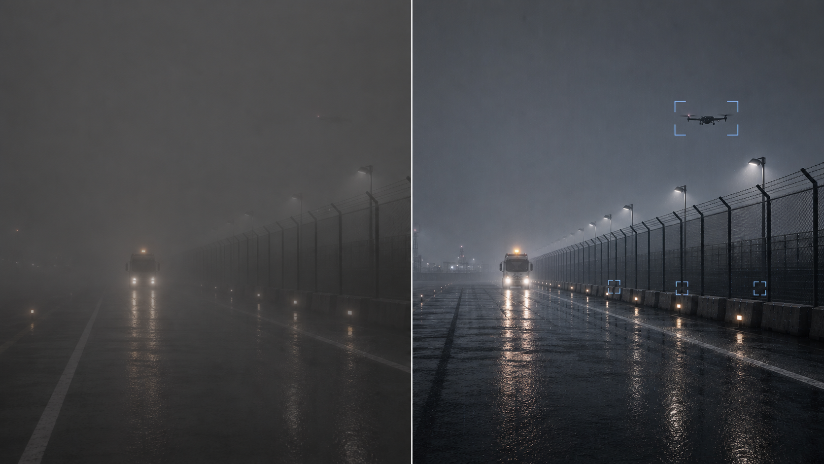 Side-by-side visibility comparison showing a standard camera view and a gated vision view in the same environment